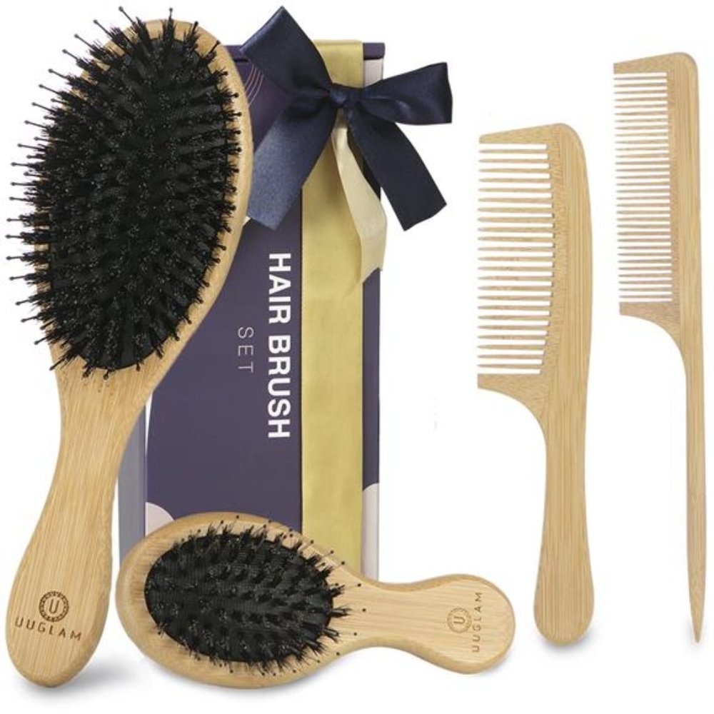 Wet Dry Hair Brush and Comb Set-Natural Bamboo Bristles Boar Detangler Hairbrush